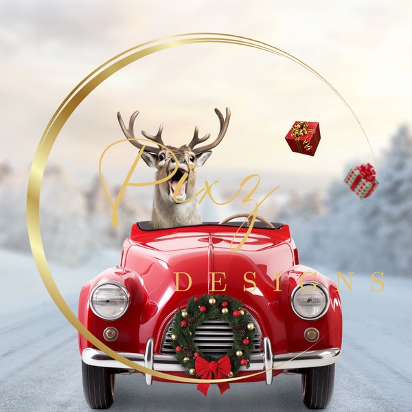 Christmas Red Pedal Car Digital Background - Christmas Red Pedal Car Digital Backdrop - Reindeer - Holiday - Photography - INSTANT DOWNLOAD