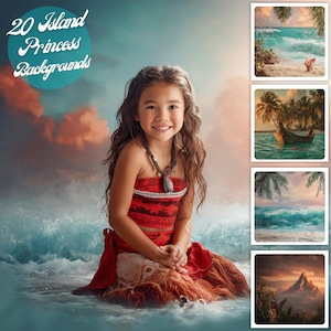 May include: A young girl in a red and brown dress and necklace sits in the ocean. The image includes four smaller images of island backgrounds. Text in the upper left corner reads "20 Island Princess Backgrounds."