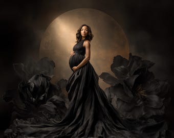 Sfondo digitale per maternità - Sfondo per gravidanza sognante con luna in tessuto fluido di lusso, composito, sovrapposizioni di Photoshop, sfondo da studio