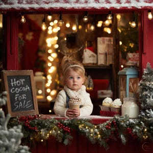 May include: A young child holding a cup of hot cocoa, standing in a festive red booth. The booth is decorated with lights, greenery, and a sign that reads "Hot Cocoa For Sale." The scene evokes a cozy, winter holiday atmosphere.