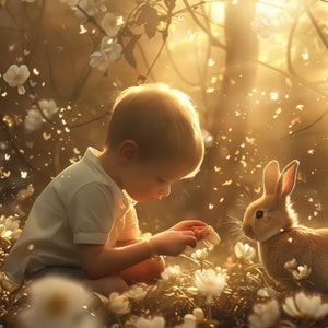 Könnte beinhalten: Ein kleiner Junge in einem weißen Hemd sitzt in einem Feld mit weißen Blumen und schaut auf ein braunes Kaninchen. Der Hintergrund ist ein verschwommener Wald mit goldenem Licht, das durch die Bäume scheint.