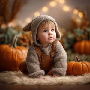 May include: A baby wearing a gray knit hooded sweater with ear details and brown corduroy overalls sits on a fluffy white rug. Two orange pumpkins are in the background. The baby has blue eyes and is looking up.