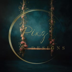 Peut inclure: Fond d'&eacute;cran bleu sarcelle avec un cercle dor&eacute; et une balan&ccedil;oire en bois orn&eacute;e de fleurs roses et de verdure. Le texte "Pixz DESIGNS" est &eacute;crit en lettres dor&eacute;es.