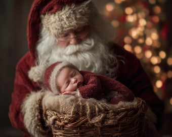 May include: A newborn baby sleeps peacefully in a woven basket held by Santa Claus. The baby is wrapped in a burgundy knit outfit and matching cap. Santa wears a red suit with a white beard and fur trim, creating a heartwarming Christmas scene.