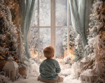Christmas Window Digital background, Holiday portrait digital backdrop, festive children composite, Christmas Studio Photography overlay