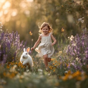 May include: A young child in a white dress runs through a field of wildflowers, with a white rabbit and butterflies. The scene is bathed in warm sunlight, creating a whimsical and joyful atmosphere.