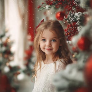Könnte beinhalten: Ein junges Mädchen mit langen blonden Haaren und blauen Augen lächelt vor einem Weihnachtsbaum. Sie trägt ein weißes Kleid und eine rote Schleife im Haar. Rote Ornamente und Beeren schmücken den Baum und schaffen eine festliche Weihnachtsszene.