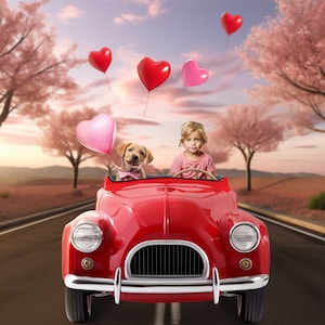 バレンタインの赤いペダルカーのデジタル背景 - バレンタインデーの赤いペダルカーのデジタル背景 - 子犬 - 休日 - 写真 - 即時ダウンロード