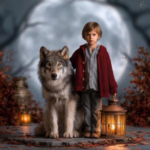 May include: A child with light brown hair wearing a dark red knit cardigan over a gray button-down shirt and gray trousers, standing beside a large gray and white wolf. A metal lantern with a glowing light sits on the ground nearby.