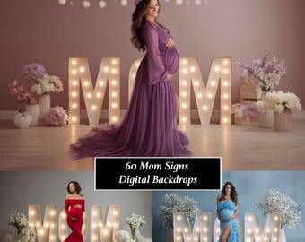 Ensemble de décors numériques pour 60 mamans, toile de fond florale de maternité pour Photoshop, signe composite pour maman, superpositions numériques, fond de studio d'art JPG