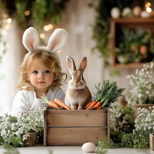 Puede incluir: Un niño pequeño con orejas de conejo sostiene una zanahoria y se sienta junto a un conejo marrón en una caja de madera llena de zanahorias y vegetación. La escena está decorada con flores blancas, cajas de madera y huevos de Pascua.