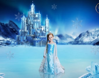 Sfondo digitale del castello di ghiaccio congelato per fotografi, sfondi del palazzo di ghiaccio, sfondo digitale del castello invernale, sfondo del regno di ghiaccio innevato