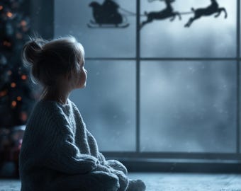 Christmas Window Digital background, Holiday portrait digital backdrop, festive children composite, Studio Photography overlay