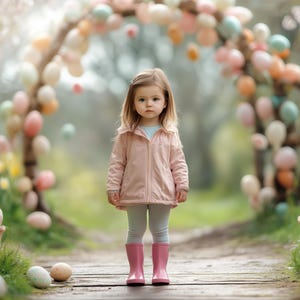 May include: A young girl wearing a pink jacket and pink wellies stands in front of an archway decorated with pastel-coloured Easter eggs.