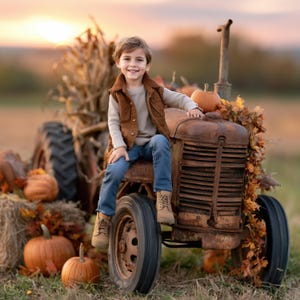 Könnte beinhalten: Ein Kind trägt eine braune Weste, ein beiges Langarmshirt, eine blaue Jeans und hellbraune Stiefel und sitzt auf einem rostigen Vintage-Traktor, der mit Herbstlaub und Kürbissen auf einem Feld bei Sonnenuntergang geschmückt ist.