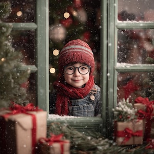 May include: A child wearing a red knit hat, scarf, and glasses, framed by a window. The window is decorated with Christmas greenery and snow. Wrapped gifts with red bows are in the foreground, creating a festive holiday scene.