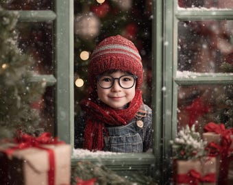 Christmas Window Digital background, Holiday portrait digital backdrop, festive children composite, Christmas Studio Photography overlay