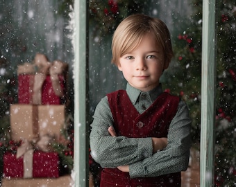 Christmas Window Digital background, Holiday portrait digital backdrop, festive children composite, Christmas Studio Photography overlay
