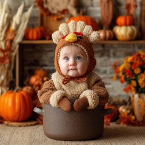 May include: A baby dressed in a turkey costume, sitting in a brown pot. The costume is brown and tan with a turkey headpiece. The background includes pumpkins and fall foliage, creating a Thanksgiving theme.