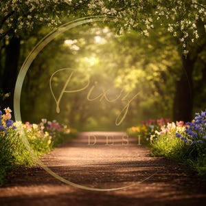 Peut inclure: Un chemin bordé de fleurs colorées traverse une forêt verdoyante. Le chemin est éclairé par la lumière du soleil qui traverse les arbres. L'image est une toile de fond numérique pour la photographie.