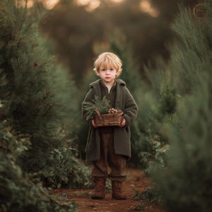 May include: A young child stands in a forest, holding a woven basket filled with pine branches and pine cones. The child is wearing a dark green coat, brown pants, and boots. The background is blurred, with tall evergreen trees on either side.