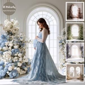 May include: A collection of 20 digital backgrounds for maternity photography featuring arched windows, floral arrangements in shades of blue, white, and green, and a person wearing a long-sleeved blue lace gown standing in front of a window.