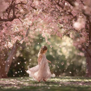 May include: A young child in a flowing, light pink dress walks through a park under a canopy of blooming pink cherry blossom trees. Petals gently fall around the child, creating a soft, dreamy atmosphere. The scene is bathed in soft sunlight.