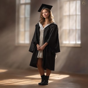 May include: A young person in a graduation gown and cap, standing in front of a window. The gown is black, and the cap is square. The person is wearing a white dress and black boots. The background is a soft, neutral color.