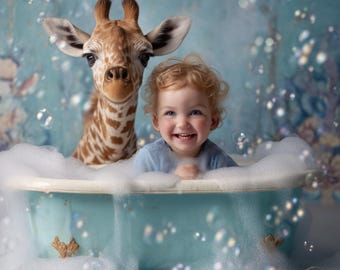 May include: A young child and a giraffe share a bubble bath in a vintage blue tub. The child, with curly red hair, smiles. The giraffe's head is next to the child. Bubbles float in the air, creating a whimsical scene.