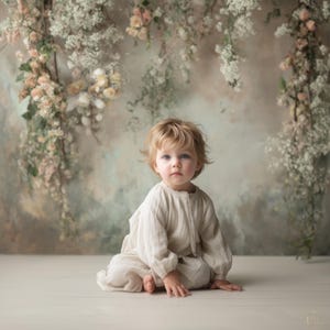 May include: A small child with fair hair and blue eyes sits on a white surface, dressed in a light linen outfit. The backdrop showcases a floral display with pastel-toned flowers and foliage, producing a gentle, natural appearance.