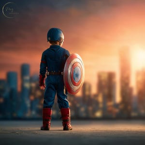 May include: A child dressed as Captain America, viewed from the back, stands with a shield in front of a city skyline at sunset. The costume is blue with red accents, and the shield is red, white, and blue. The child wears a blue helmet and red boots.