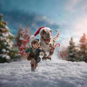 Puede incluir: Una imagen caprichosa de un niño vestido de elfo corriendo junto a un Tyrannosaurus Rex con un gorro de Papá Noel. El dinosaurio sostiene bastones de caramelo. La escena está ambientada en un paisaje invernal nevado con árboles de Navidad al fondo.