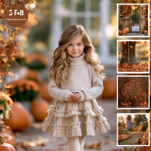 Peut inclure: Une fiche produit numérique montrant un enfant portant une robe-pull à col roulé beige avec des volants, accompagnée de cinq arrière-plans numériques sur le thème de l'automne avec des citrouilles, une porte, une balançoire et un moulin.