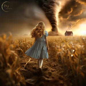 May include: A young girl in a blue dress walks through a field of tall, dry corn stalks towards a small house in the distance. A large, dark tornado swirls in the sky behind her.