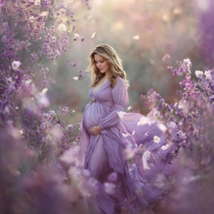 May include: A pregnant person wearing a flowing, lavender-colored maternity gown with long sleeves and a deep V-neck. The gown is adorned with a small, decorative clasp at the waist. The person is surrounded by purple flowers.