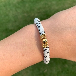 Black, White and Grey Clay with Gold and Silver Plated Bangle Beaded Stackable Bracelets, Brass Hoop Earrings, Boho Jewelry, Fun Jewelry