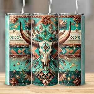 Boho Tribal Skull Tumbler, Southwestern Teal Travel Mug, Cow Skull Design, Bohemian Insulated Cup, Gypsy Wanderlust Drinkware