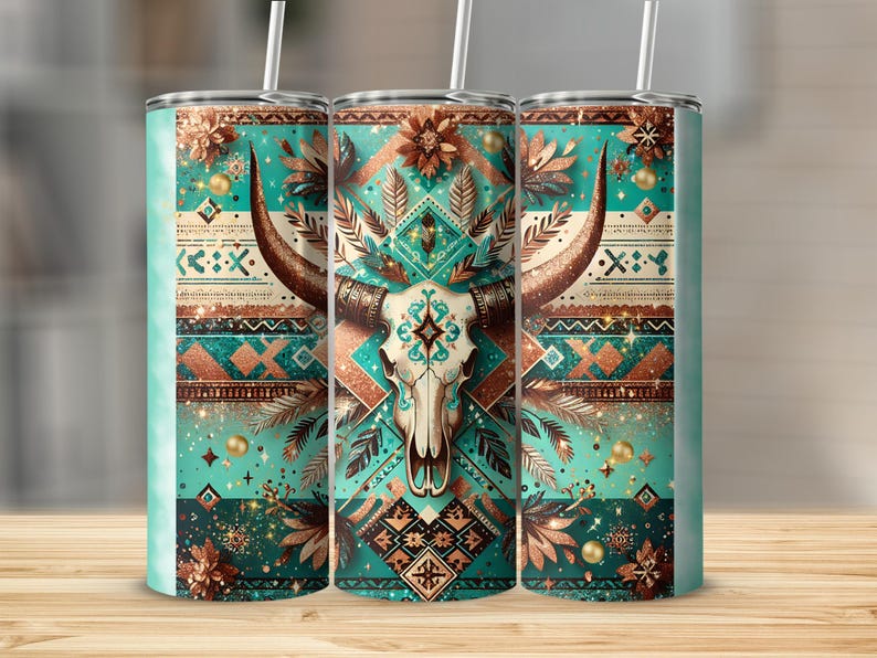 Boho Tribal Skull Tumbler, Southwestern Teal Travel Mug, Cow Skull Design, Bohemian Insulated Cup, Gypsy Wanderlust Drinkware