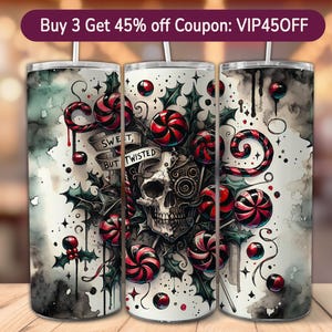 Lustiger Weihnachtsschädel 20 Unze Skinny Tumbler Wrap, Candy Cane Sublimationsbecherverpackung, süßer aber verdrehter Becher PNG, Weihnachtsbecherverpackung