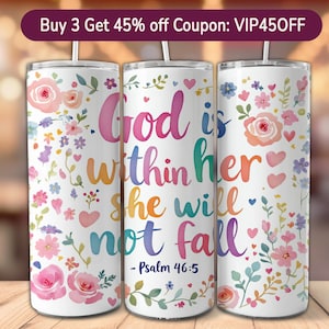 God Is Within Her Tumbler Wrap, Floral Christian PNG, Psalm 46 5 Sublimation, Rainbow Bible Verse Tumbler Design, Faith Skinny Tumbler PNG