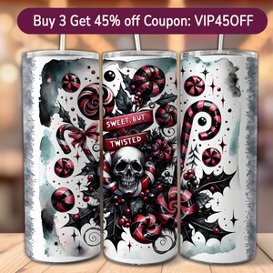 Funny Christmas Skull 20 oz Skinny Tumbler Wrap, Candy Cane Sublimation Tumbler Wrap, Sweet But Twisted Tumbler PNG, Christmas Tumbler Wrap
