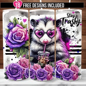 Envoltorio para vaso con meme de zarigüeya &quot;Stay Trashy&quot;, vaso delgado de 20 oz con basura de zarigüeya, diseño de sublimación divertido para amantes de las zarigüeyas, humor adorable de zarigüeyas