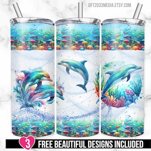 Watercolor Dolphin Tumbler Wrap, 20oz Skinny PNG, Ocean Sublimation Design