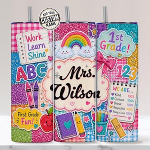 Customizable First Grade Teacher Tumbler Wrap Custom Name Patchwork Design 20 oz Skinny Sublimation Tumbler Wrap PNG Digital Download