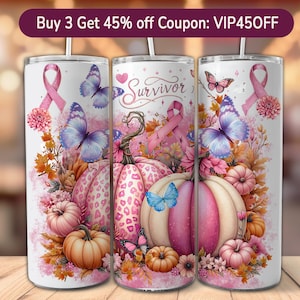 Pink Pumpkin Ribbon Awareness Breast Cancer Survivor Tumbler Wrap 20 oz Skinny Tumbler Sublimation Design Digital Download PNG Instant