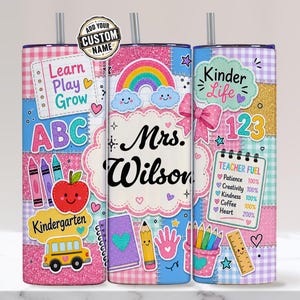 Diseño personalizado para vaso de maestra de jardín de infantes, con nombre, patchwork, lazo arcoíris, 20 oz, para sublimación, en formato PNG (descarga digital).