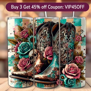 Cowgirl Boot Tumbler Wrap: Western Floral Skull Design (PNG Digital Download)