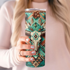 Tumbler with Boho Skull Design, Southwestern Travel Mug, Western Themed Tumbler, Bohemian Gift Idea, Unique Drinkware