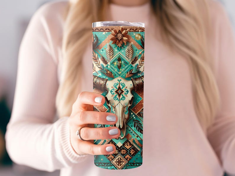 Tumbler with Boho Skull Design, Southwestern Travel Mug, Western Themed Tumbler, Bohemian Gift Idea, Unique Drinkware