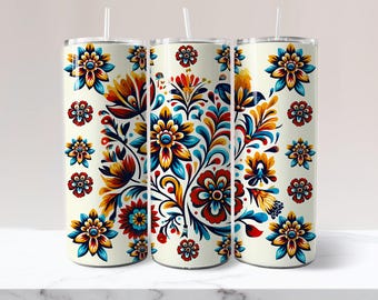 Mexican Flowers Tumbler Wrap: Faux Embroidery PNG (Digital Download)